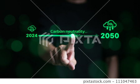 Carbon neutrality concept. Hand touching increasing arrow with carbon reduction for decrease CO2 or carbon neutral by 2050. Carbon footprint, Net Zero, Climate change, Global warming, CO2 emissions, 111047463