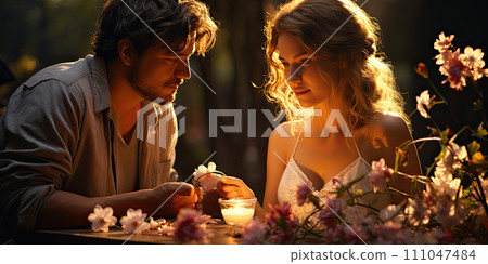AI-generated content. Young couple on date sitting at table with candles and drinking champagne with romantic background 111047484