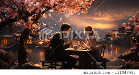 AI-generated content. Young couple on date sitting at table with candles and drinking champagne with romantic background 111047485
