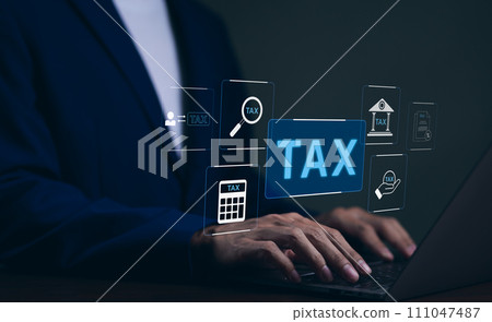Tax concept. Businessman using laptop to complete individual income tax return form online for tax payment. Value added tax (VAT), Government state taxes, Calculation tax return, Money and financial, 111047487