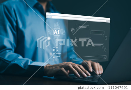 Chat with AI or Artificial Intelligence technology. Man using laptop computer chatting with an intelligent artificial intelligence and enter command prompt for generate some things help work. Chatbot, 111047491