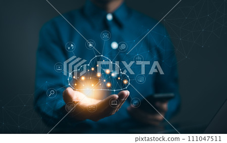 Cloud computing technology concept. Businessman hand holding cloud computing icon network. download and information upload on application system. data transfer loading solution, Secure online storage, 111047511
