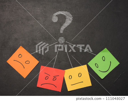 Drawn faces with different emotions on a sticker and attached to a chalk board. Rating and quality assessment Drawn faces with different emotions on a sticker and attached to a chalk board. Rating and quality assessment 111048027