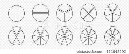 Set of donut or pie charts with separated fragments. Circle divides on equal parts from 1 to 10. Round shapes cut in slices isolated on transparent background 111048292