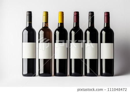 AI-generated content. Many bottles of red wine with the white labels on the white background, mock up, space for text or design 111048472