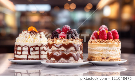 AI-generated content. Three different layered frosted cakes close up decorated with berries in a cafe or patisserie, blurred background 111048475