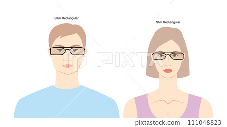 Slim Rectangular frame glasses on women and men flat character fashion accessory illustration. Sunglass front view Slim Rectangular frame glasses on women and men flat character fashion accessory illustration. Sunglass front view 111048823