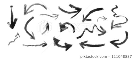 Set of vector grunge halftone textured black arrows. Unique artistic half tone texture brush stroking arrow collection for graphic design, decoration, patterns, logo 111048887