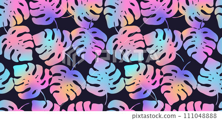 Purple and pink holographic seamless pattern with colorful tropical monstera leaves. Bright neon exotic plants texture for textile, wrapping paper, surface, wallpaper, background 111048888