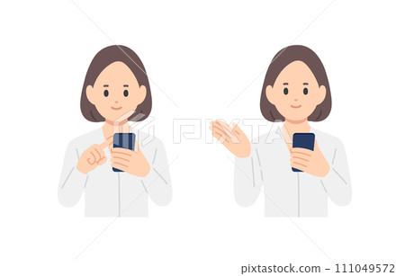 Set of businessperson women looking at smartphones and posing as guidance [people vector illustration material] 111049572