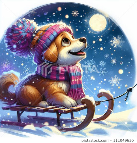 Cute puppy sitting on a sleigh 111049630