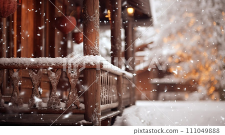 AI-generated content. Beautiful large wooden terrace in a wooden house with a forest around in winter. Nature and vacation concept 111049888