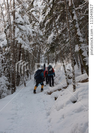 Climbers on the Shibu-no-Yu route (Happodai branch from Shibu-no-Yu) on Mt. Higashitengu during the harsh winter in Chino City, Nagano Prefecture, and the snowy landscape at sunrise Climbers on the Shibu-no-Yu route (Happodai branch from Shibu-no-Yu) on Mt. Higashitengu during the harsh winter in Chino City, Nagano Prefecture, and the snowy landscape at sunrise 111049927
