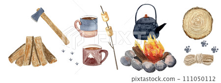 Watercolor marshmallow bonfire wood border isolated on white 111050112