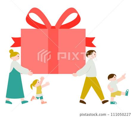 A family carrying a large gift package 111050227