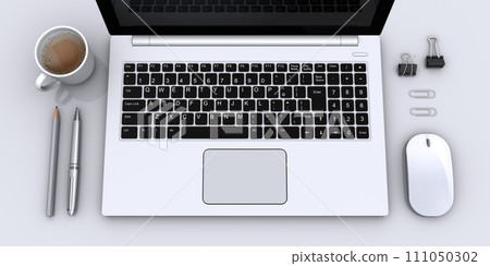 Overhead view of business desktop, laptop working scene 111050302