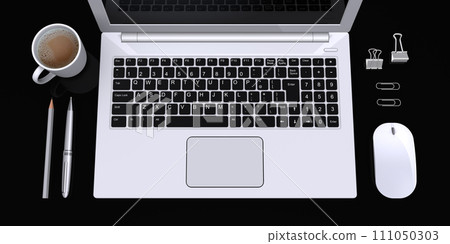 Overhead view of business desktop, laptop working scene 111050303