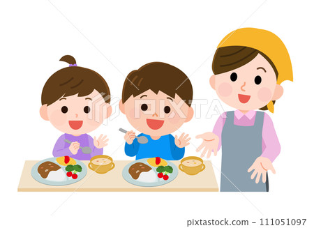 Illustration of a child eating and a woman serving food 111051097