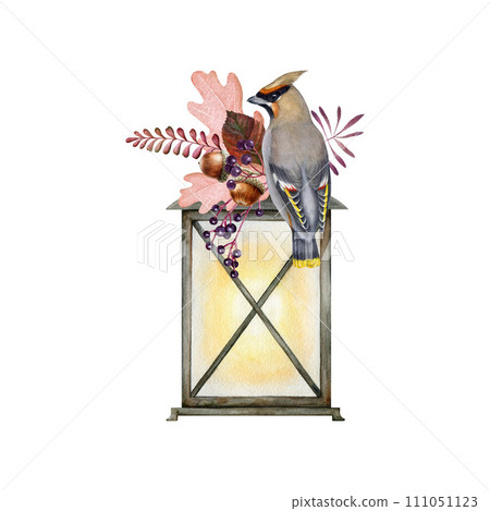 Autumn season cozy decor with a bird. Watercolor illustration. Hand drawn vintage style lamp with floral fall decor and waxwing. Fall season flower natural decor with bird. White background 111051123