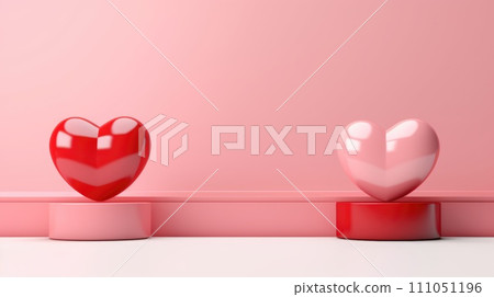 Two Pink and red glossy hearts standing on podium pink background. Concept wedding, valentines day, photo zone, lovers. Banner Two Pink and red glossy hearts standing on podium pink background. Concept wedding, valentines day, photo zone, lovers. Banner 111051196