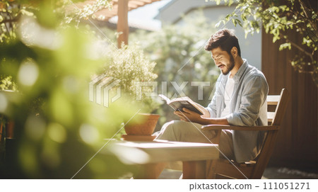 A man soaking up the sun and enjoying reading in the backyard man reading book backyard AI-generated image A man soaking up the sun and enjoying reading in the backyard man reading book backyard AI-generated image 111051271