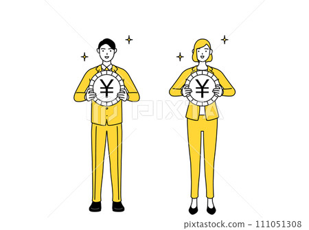 外匯收益和日圓升值的圖像,一個穿著西裝的男人和女人的簡單線條畫插圖 外匯收益和日圓升值的圖像,一個穿著西裝的男人和女人的簡單線條畫插圖 111051308