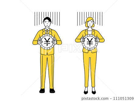 An image of foreign exchange losses and a weak yen, a simple line drawing illustration of a man and a woman in suits An image of foreign exchange losses and a weak yen, a simple line drawing illustration of a man and a woman in suits 111051309