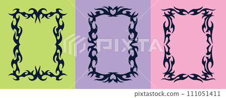 Neo Tribal Frames Set. Y2K Tattoo Borders. Vector Gothic Acid Rectangle Shapes in Cyberpunk 2000s Style 111051411
