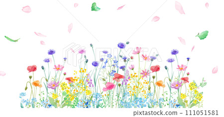 春天花園的水彩插圖,開滿了各種花朵。 (向量。佈局可以更改) 春天花園的水彩插圖,開滿了各種花朵。 (向量。佈局可以更改) 111051581