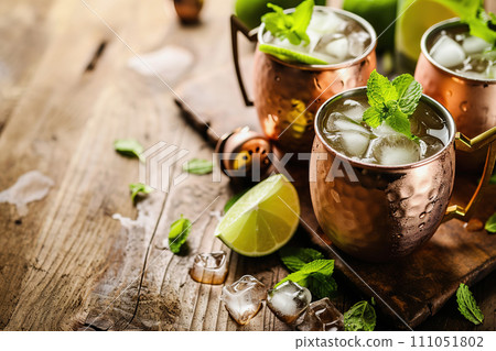 AI-generated content. Classic Moscow Mule Cocktail in Copper Mug with Lime 111051802