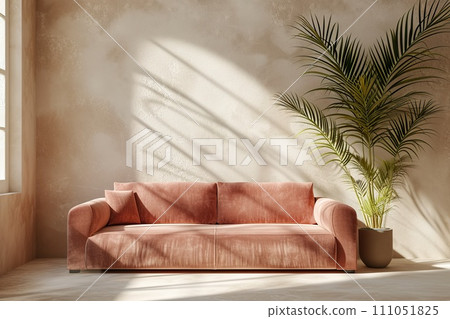AI-generated content. Elegant peach velvet sofa and potted palm in living room, copy space, empty beige wall background 111051825