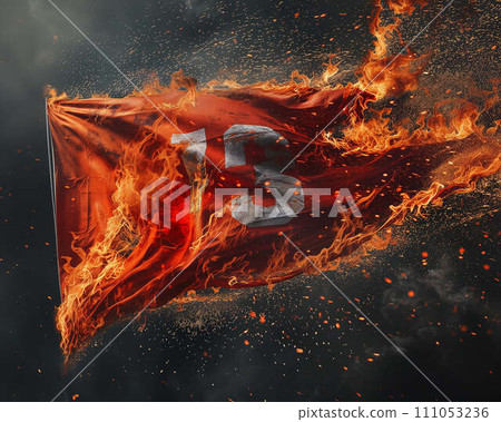 AI-generated content. Fiery Destruction of 13 Flag in Swiss Style in Dark Background 111053236