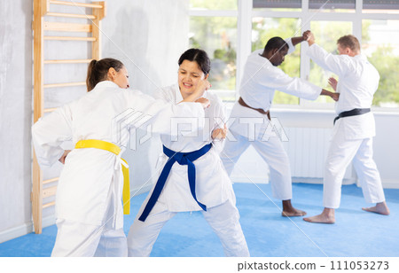 Adult and young women training karate techniques Adult and young women training karate techniques 111053273