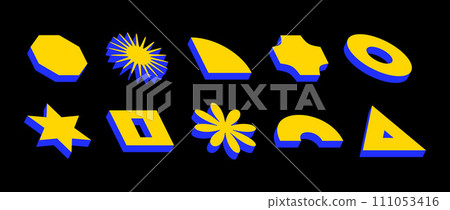 Yellow blue isometric shape set. Volumetric geometric collection. Retro 3d brutalist form pack. Vintage Y2k abstract game elements for poster, cover, banner. Bauhaus or Memphis style pack. Vector 111053416