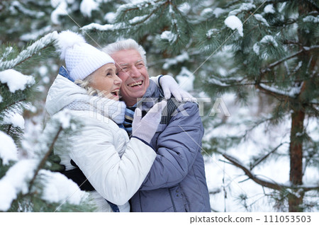 Happy senior couple walking in winter outdoors Happy senior couple walking in winter outdoors 111053503