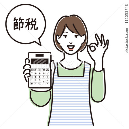 A housewife holding a calculator and giving an okay sign 111053748