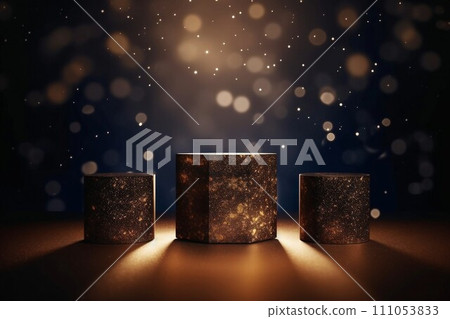 Night template with three display stands with golden glitter on a dark brown and blue gradient background. AI generated image 111053833