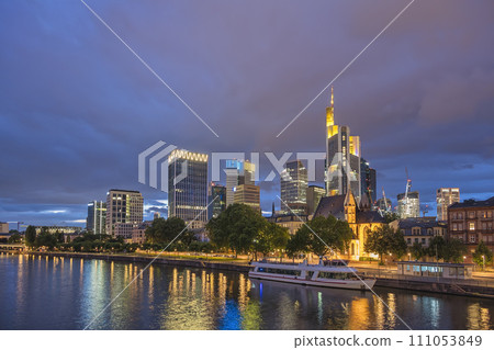 Frankfurt Germany, night city skyline at Main River and business skyscraper 111053849