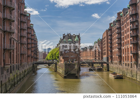 Hamburg Germany time lapse, city skyline at Speicherstadt and canal 111053864