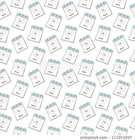 Calendar page seamless pattern with White Day date 14 March and hand drawn heart shape stroke around 111053897