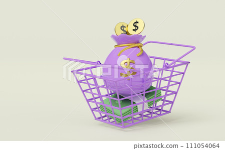 basket money with bag, coin dollar isolated. economic movements or business finance concept, 3d illustration render 111054064