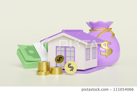 home with gold coins pile, banknote stack, money bag isolated. saving money to buy a house concept, 3d illustration render home with gold coins pile, banknote stack, money bag isolated. saving money to buy a house concept, 3d illustration render 111054066
