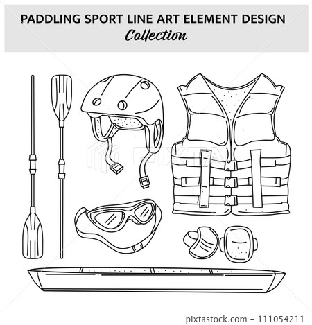 Set of Paddling equipment hand drawn vector illustration. Sports icon design template. Set of Paddling equipment hand drawn vector illustration. Sports icon design template. 111054211