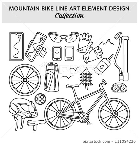 Set of Mountain Bike equipment hand drawn vector illustration. Sports icon design template. Set of Mountain Bike equipment hand drawn vector illustration. Sports icon design template. 111054226