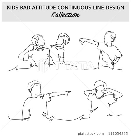 Set of kids bad attitude continuous line. Vector illustration of minimalist style on a white background. 111054235