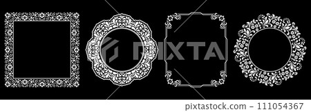 Set of decorative frames Elegant vector element for design in Eastern style, place for text. Floral black and white borders. Lace illustration for invitations and greeting cards. Set of decorative frames Elegant vector element for design in Eastern style, place for text. Floral black and white borders. Lace illustration for invitations and greeting cards. 111054367