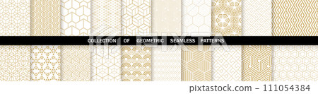 Geometric set of seamless gold and white patterns. Simple vector graphics 111054384