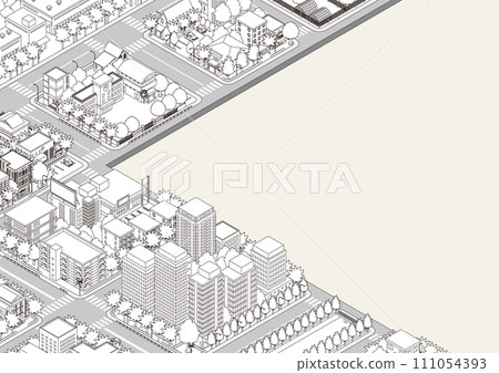Three-dimensional view of the townscape. Cityscape. Line drawing illustration. Three-dimensional view of the townscape. Cityscape. Line drawing illustration. 111054393