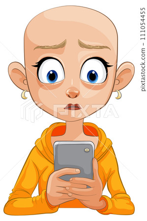 Concerned Cartoon Girl Holding Phone 111054455