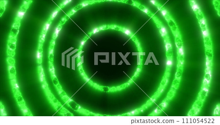 Abstract background looped circles a tunnel of flying green fire rings of energy plasma with a glow effect shiny festive bright beautiful futuristic hi-tech 111054522